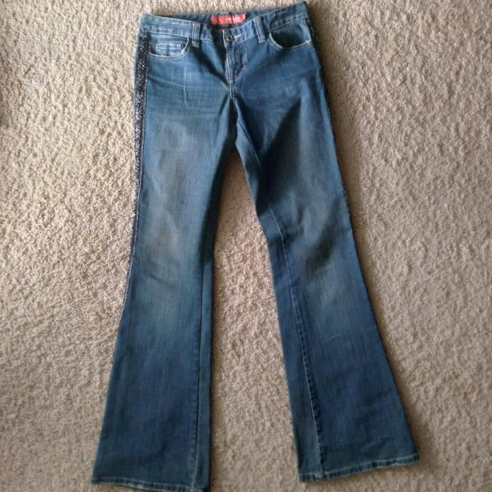 Vintage Y2K Choice by Calvin Klein Blue Low Rise Flared Jeans with Beads Size 27